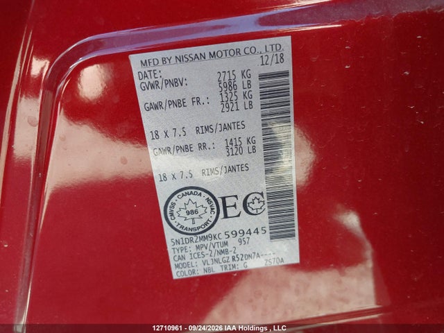 2019 Nissan Pathfinder მანქანა იყიდება აუქციონზე, vin: 5N1DR2MM9KC599445, აუქციონის ნომერი: 12710961