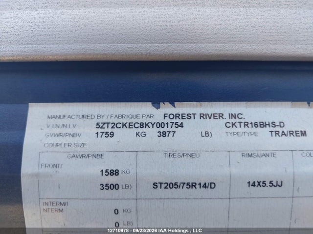 2019 Forest River  მანქანა იყიდება აუქციონზე, vin: 5ZT2CKEC8KY001754, აუქციონის ნომერი: 12710978