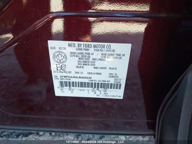 2020 Ford Edge Sel მანქანა იყიდება აუქციონზე, vin: 2FMPK4J92LBA65220, აუქციონის ნომერი: 12710980