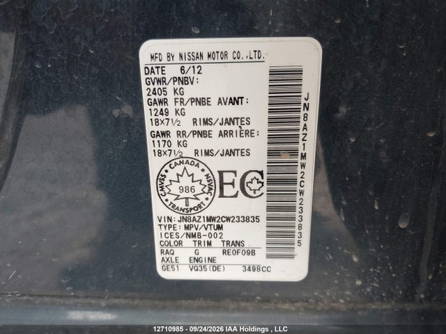 Продаж на аукціоні авто 2012 Nissan Murano S/sl/le, vin: JN8AZ1MW2CW233835, номер лоту: 12710985