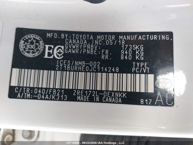 Продаж на аукціоні авто 2018 Toyota Corolla L/le/xle/se/xse, vin: 2T1BURHE0JC114248, номер лоту: 12710996