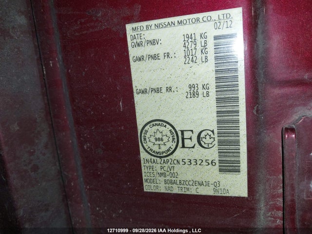 2012 Nissan Altima მანქანა იყიდება აუქციონზე, vin: 1N4AL2AP2CN533256, აუქციონის ნომერი: 12710999