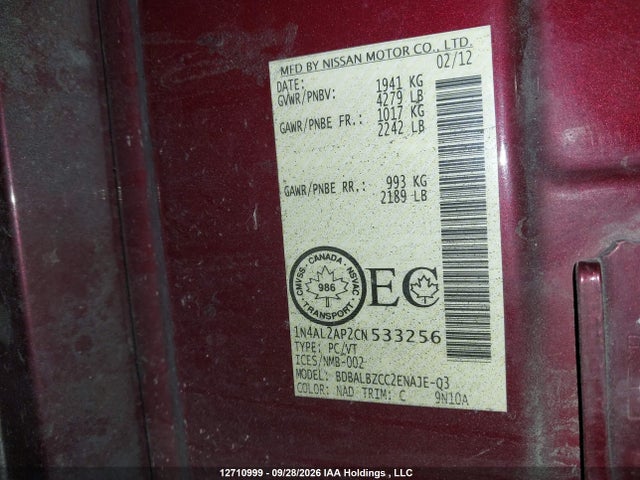 2012 Nissan Altima მანქანა იყიდება აუქციონზე, vin: 1N4AL2AP2CN533256, აუქციონის ნომერი: 12710999