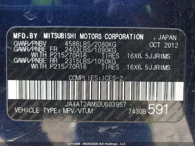 Продаж на аукціоні авто 2013 Mitsubishi Outlander Es, vin: JA4AT2AW6DU603957, номер лоту: 12711009