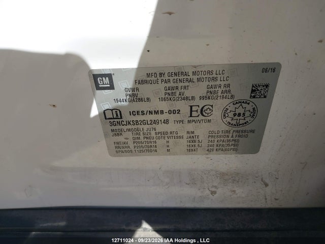 Chevrolet Trax 2016 3GNCJKSB2GL249148 Image 9