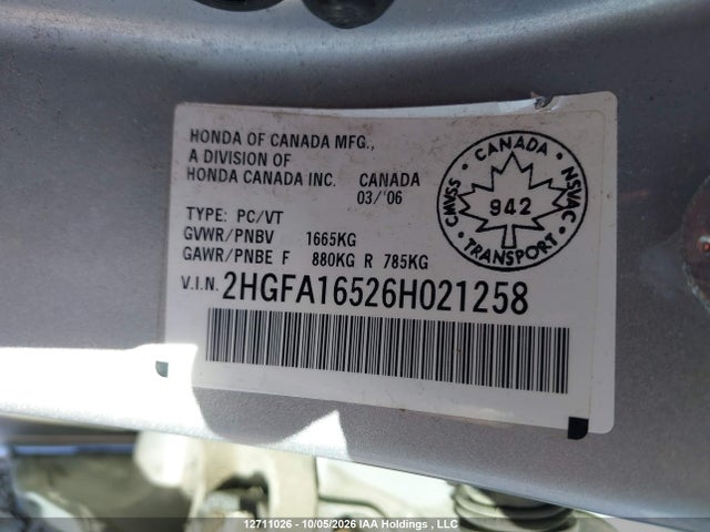 Продаж на аукціоні авто 2006 Honda Civic Lx, vin: 2HGFA16526H021258, номер лоту: 12711026