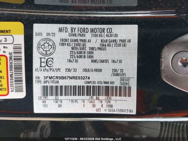 Auction sale of the 2022 Ford Bronco Sport Big Bend, vin: 3FMCR9B67NRE03274, lot number: 12711030