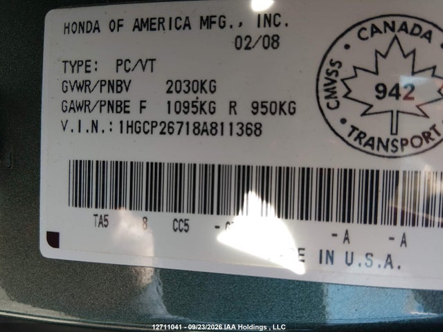 12711041 :رقم المزاد ، 1HGCP26718A811368 vin ، 2008 Honda Accord مزاد بيع