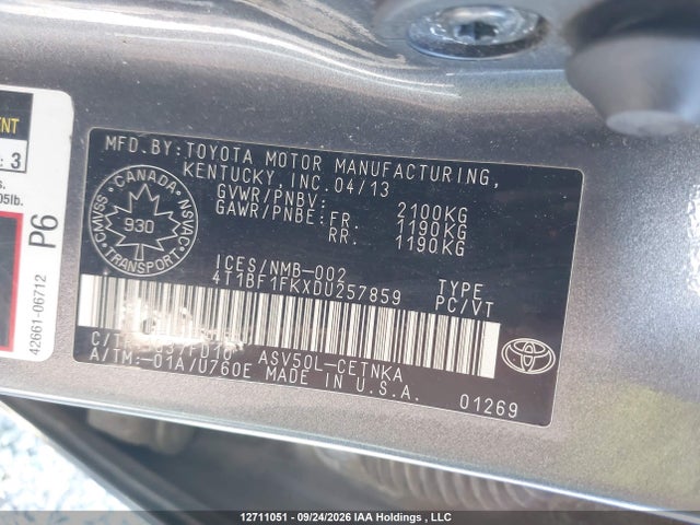 12711051 :رقم المزاد ، 4T1BF1FKXDU257859 vin ، 2013 Toyota Camry L/se/le/xle مزاد بيع