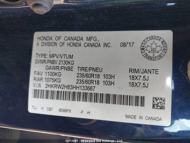 Honda CR-V EXL 2017 2HKRW2H83HH133667 Image 9