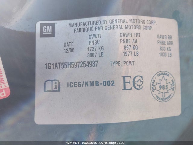 12711071 :رقم المزاد ، 1G1AT55H597254937 vin ، 2009 Chevrolet Cobalt مزاد بيع