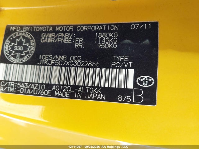 12711097 :رقم المزاد ، JTKJF5C7XC3022866 vin ، 2012 Scion Tc مزاد بيع