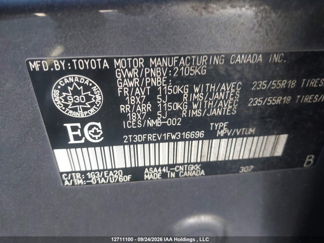 12711100 :رقم المزاد ، 2T3DFREV1FW316696 vin ، 2015 Toyota Rav4 Limited مزاد بيع