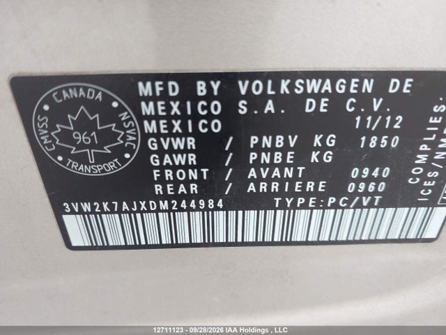 Aukcja sprzedaży 2013 Volkswagen Jetta 2.0l Trendline/2.0l Trendline+, vin: 3VW2K7AJXDM244984, numer aukcji: 12711123