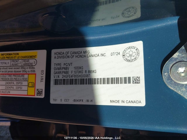 2HGFE4F86SH000987 Honda Civic