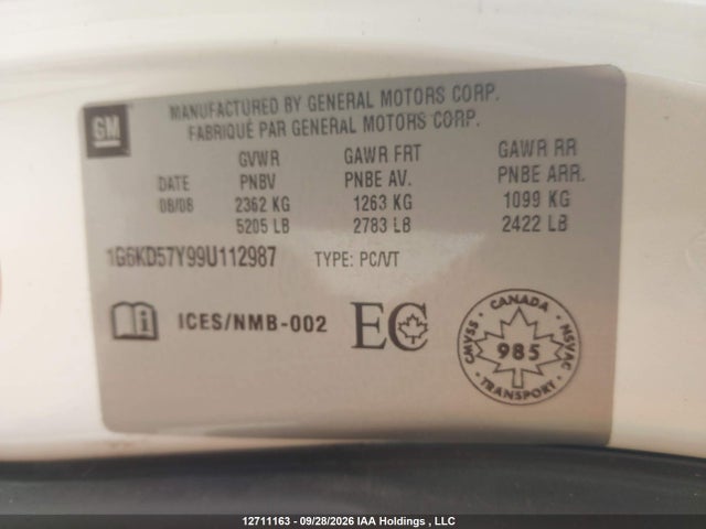 12711163 :رقم المزاد ، 1G6KD57Y99U112987 vin ، 2009 Cadillac Dts مزاد بيع