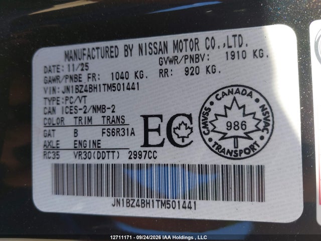 Продаж на аукціоні авто 2026 Nissan Z, vin: JN1BZ4BH1TM501441, номер лоту: 12711171