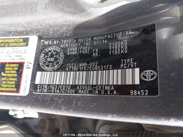 Продаж на аукціоні авто 2014 Toyota Camry L/se/le/xle, vin: 4T1BF1FK7EU853173, номер лоту: 12711184