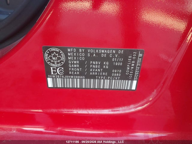 12711186 :رقم المزاد ، 3VW2B7AJ8HM308669 vin ، 2017 Volkswagen Jetta 1.4 Tsi Trendline+ مزاد بيع
