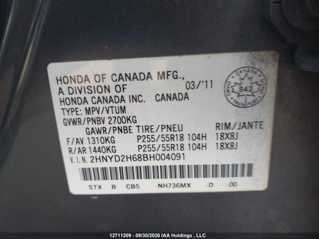 Продаж на аукціоні авто 2011 Acura Mdx Technology Package, vin: 2HNYD2H68BH004091, номер лоту: 12711209