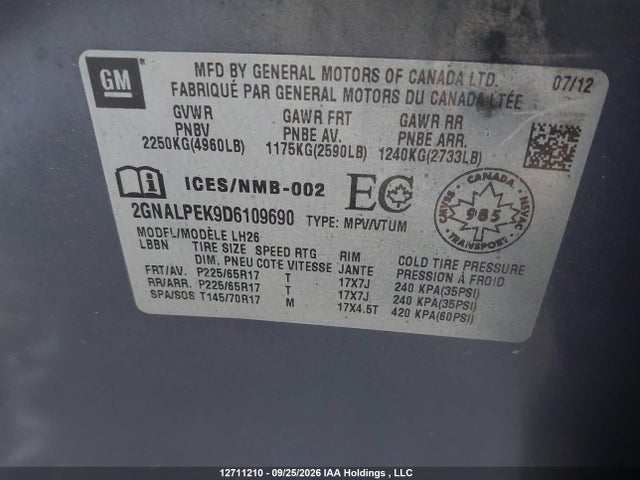 12711210 :رقم المزاد ، 2GNALPEK9D6109690 vin ، 2013 Chevrolet Equinox 2lt مزاد بيع