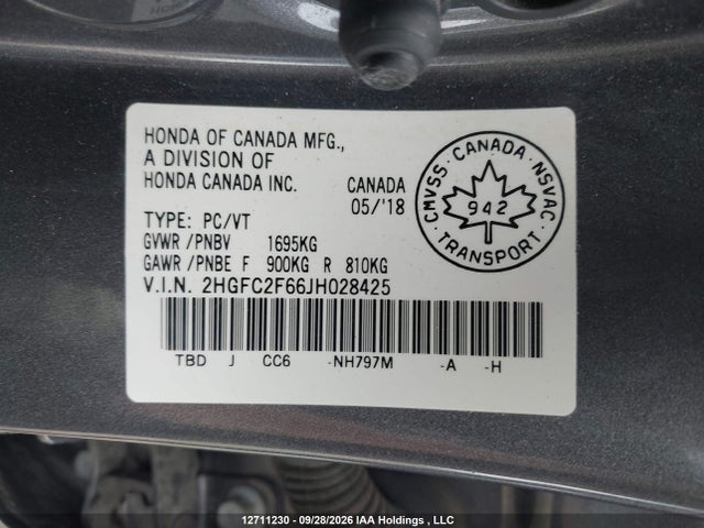 2HGFC2F66JH028425 Honda Civic