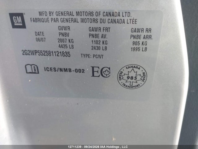 Aukcja sprzedaży 2008 Pontiac Grand Prix, vin: 2G2WP552581121835, numer aukcji: 12711239