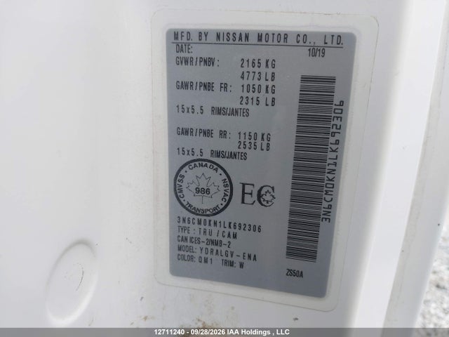 Продаж на аукціоні авто 2020 Nissan Nv200 S/sv, vin: 3N6CM0KN1LK692306, номер лоту: 12711240
