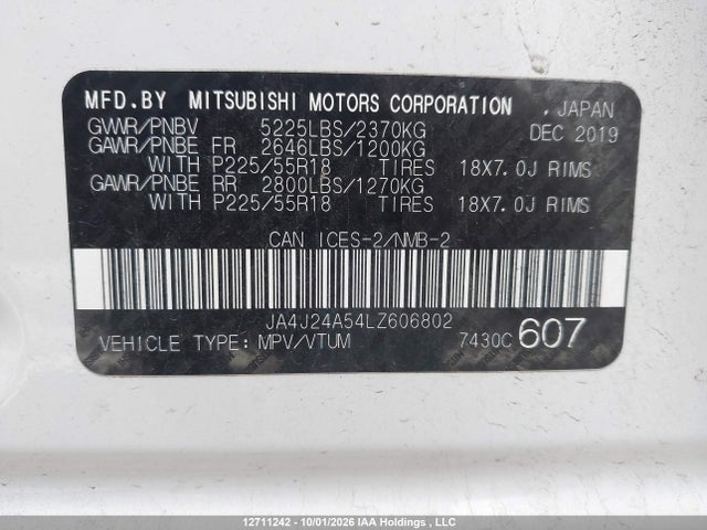Aukcja sprzedaży 2020 Mitsubishi Outlander Phev Gt/le/se/sel, vin: JA4J24A54LZ606802, numer aukcji: 12711242