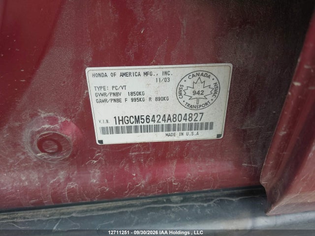 Продаж на аукціоні авто 2004 Honda Accord Lx-g, vin: 1HGCM56424A804827, номер лоту: 12711251