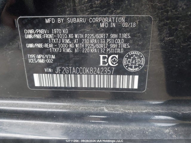 Aukcja sprzedaży 2019 Subaru Crosstrek Premium, vin: JF2GTACC0K8242357, numer aukcji: 12711254