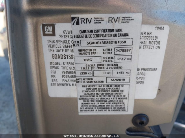 12711270 :رقم المزاد ، 5GADS13S852181358 vin ، 2005 Buick Rainier Cxl مزاد بيع