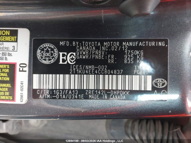 12694189 :رقم المزاد ، 2T1KU4EE4CC804837 vin ، 2012 Toyota Matrix مزاد بيع