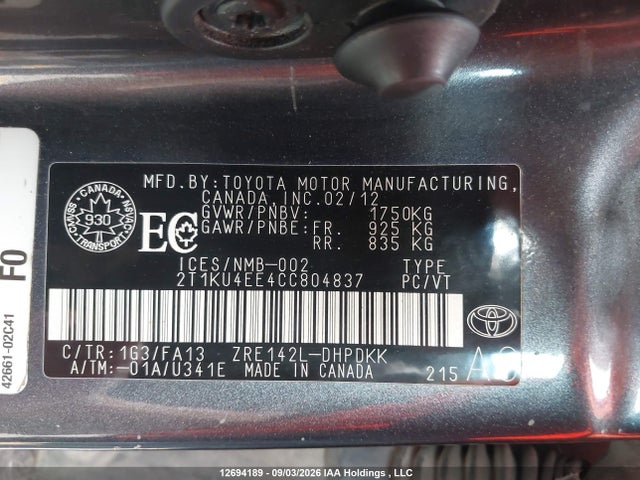 12694189 :رقم المزاد ، 2T1KU4EE4CC804837 vin ، 2012 Toyota Matrix مزاد بيع