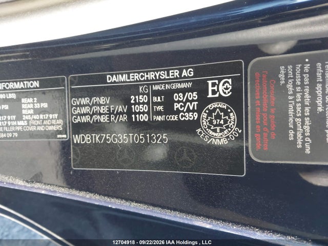 12704918 :رقم المزاد ، WDBTK75G35T051325 vin ، 2005 Mercedes-benz Clk 500 مزاد بيع