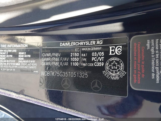 12704918 :رقم المزاد ، WDBTK75G35T051325 vin ، 2005 Mercedes-benz Clk 500 مزاد بيع