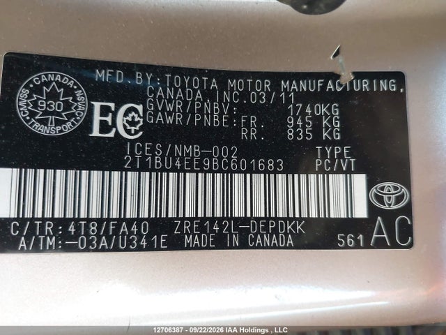 Продажа на аукционе авто 2011 Toyota Corolla Ce, vin: 2T1BU4EE9BC601683, номер лота: 12706387