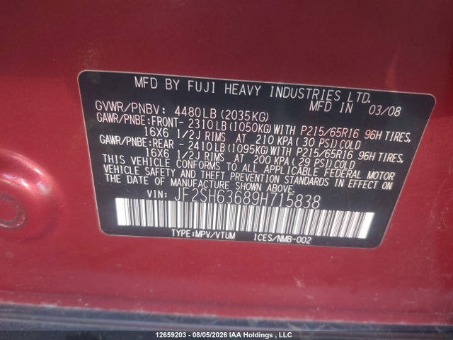Aukcja sprzedaży 2009 Subaru Forester 2.5x, vin: JF2SH63689H715838, numer aukcji: 12659203