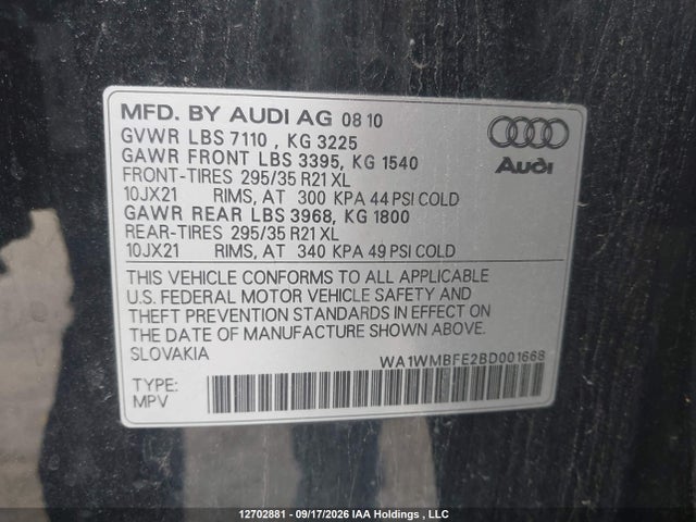 Aukcja sprzedaży 2011 Audi Q7 3.0 Tdi Premium, vin: WA1WMBFE2BD001668, numer aukcji: 12702881