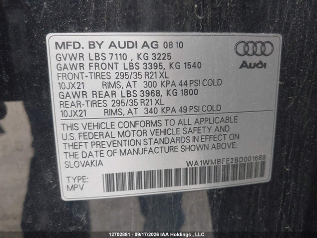 Aukcja sprzedaży 2011 Audi Q7 3.0 Tdi Premium, vin: WA1WMBFE2BD001668, numer aukcji: 12702881