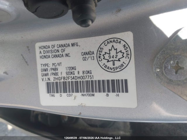 12649539 :رقم المزاد ، 2HGFB2F54DH007751 vin ، 2013 Honda Civic Ex مزاد بيع