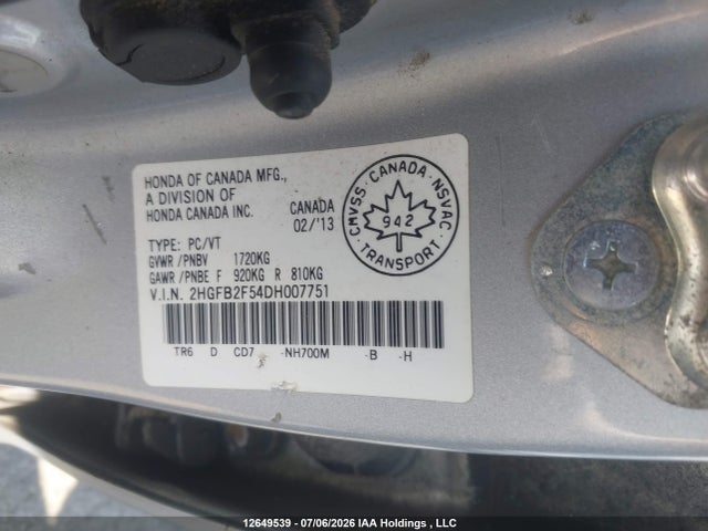 12649539 :رقم المزاد ، 2HGFB2F54DH007751 vin ، 2013 Honda Civic Ex مزاد بيع