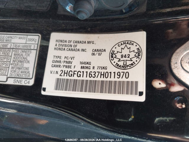 Продажа на аукционе авто 2007 Honda Civic Lx, vin: 2HGFG11637H011970, номер лота: 12686357