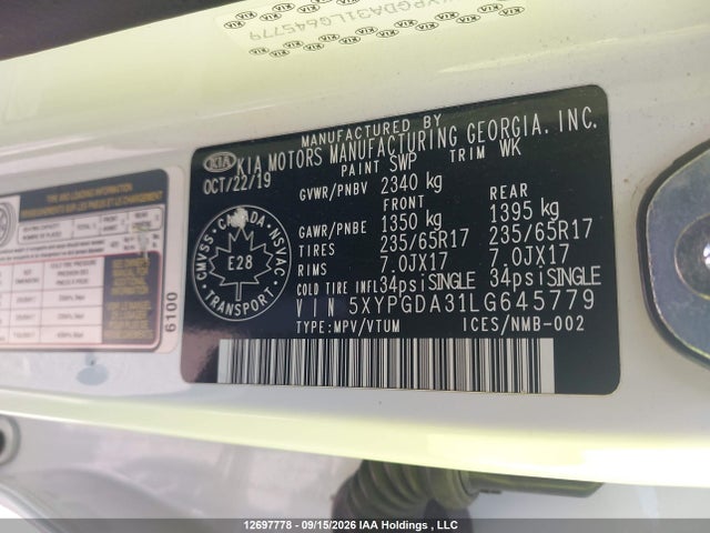 Aukcja sprzedaży 2020 Kia Sorento 2.4l Lx/2.4l Lx+/3.3l Lx+, vin: 5XYPGDA31LG645779, numer aukcji: 12697778