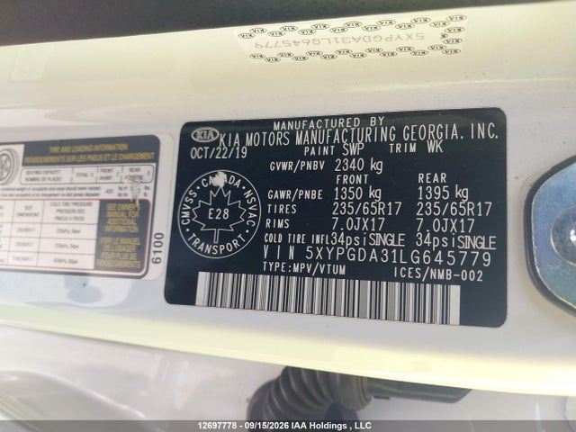 Aukcja sprzedaży 2020 Kia Sorento 2.4l Lx/2.4l Lx+/3.3l Lx+, vin: 5XYPGDA31LG645779, numer aukcji: 12697778