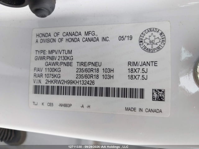 Honda Cr-v Touring 2019 2HKRW2H99KH132426 Image 9