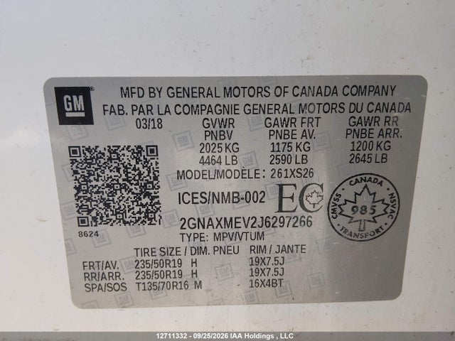 12711332 :رقم المزاد ، 2GNAXMEV2J6297266 vin ، 2018 Chevrolet Equinox Premier مزاد بيع