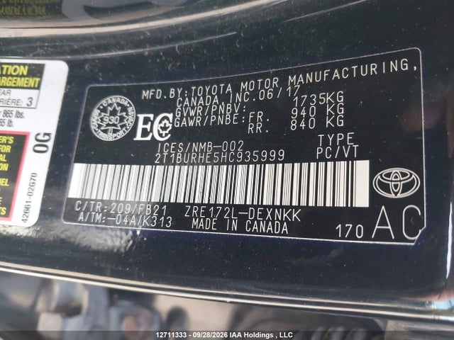 12711333 :رقم المزاد ، 2T1BURHE5HC935999 vin ، 2017 Toyota Corolla Le مزاد بيع