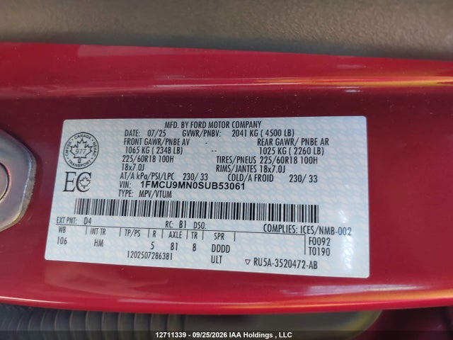 12711339 :رقم المزاد ، 1FMCU9MN0SUB53061 vin ، 2025 Ford Escape St-line مزاد بيع