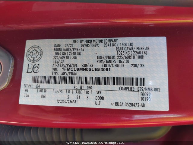 12711339 :رقم المزاد ، 1FMCU9MN0SUB53061 vin ، 2025 Ford Escape St-line مزاد بيع